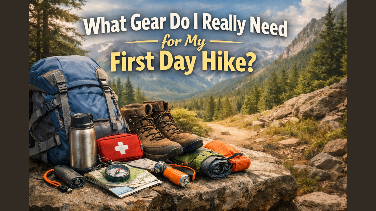 Essential gear for a first day hike including backpack, hiking boots, first aid kit, map, compass, flashlight, and water bottle on a mountain trail.
