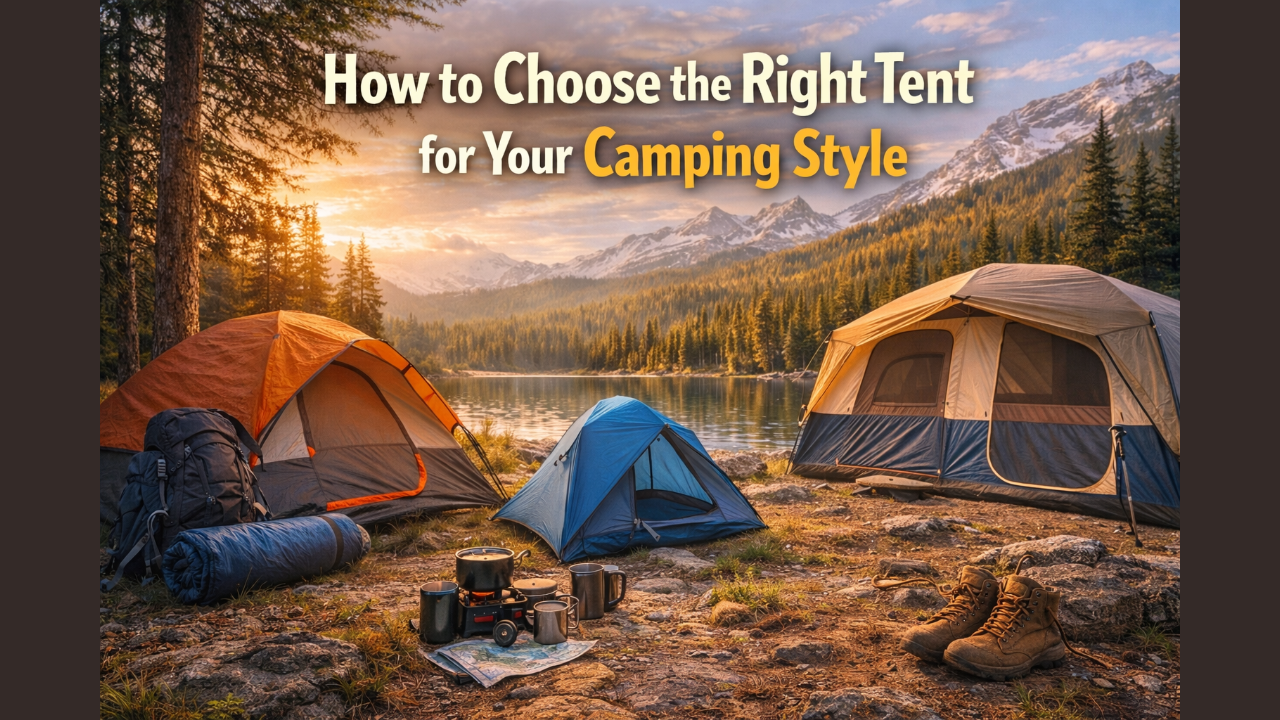 Different camping tents by a lake with backpack, cooking gear, and hiking boots illustrating how to choose the right tent for your camping style.