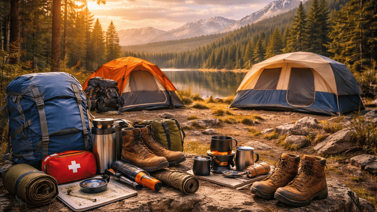 Outdoor camping gear setup by a lake with tents, backpack, hiking boots, cooking equipment, and first aid kit in a mountain landscape at sunset.