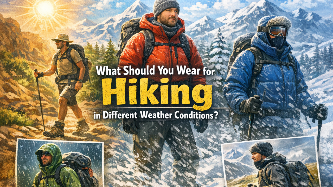 Three hikers in various weather conditions with text about what to wear for hiking.